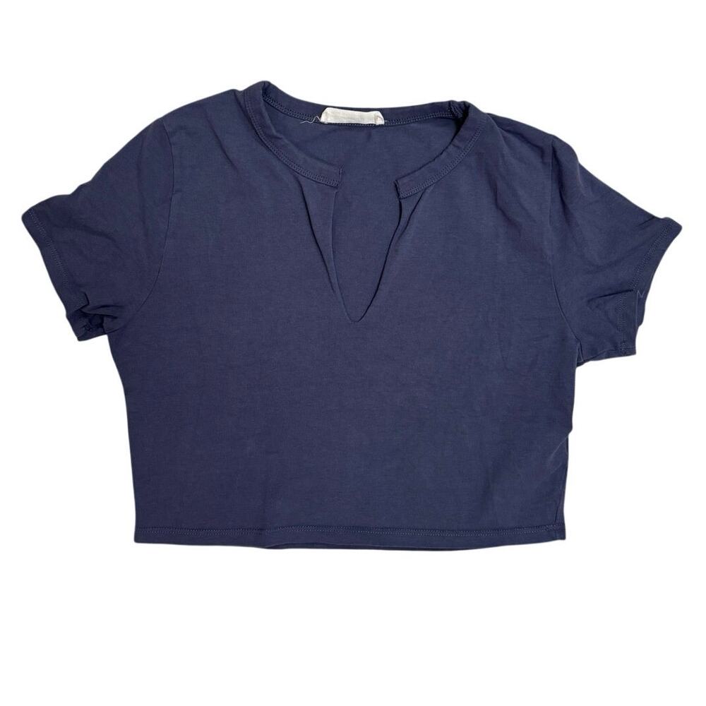 Cotton On Navy Deep V Micro Crop Tee Y2K Basic Essential 🤍 Size L ✨